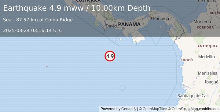 Earthquake 197 km SSE of Burica, Panama (4.9 mww) (2025-03-24 03:16:14 UTC)