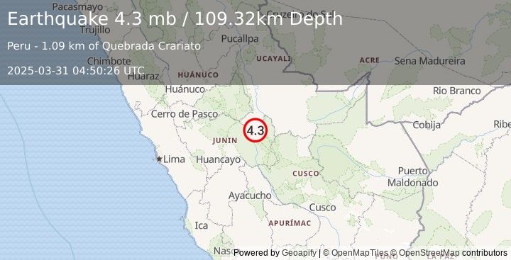 Earthquake 28 km E of Puerto Ocopa, Peru (4.3 mb) (2025-03-31 04:50:26 UTC)