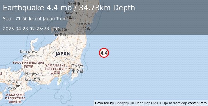 Earthquake 139 km ESE of Iwaki, Japan (4.4 mb) (2025-04-23 02:25:28 UTC)