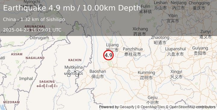 Earthquake 21 km S of Jinhua, China (4.9 mb) (2025-04-23 16:09:01 UTC)
