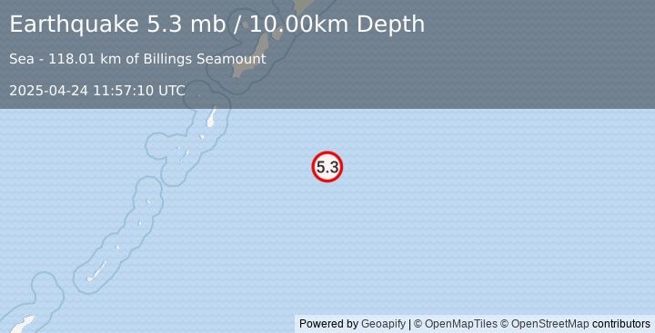 Earthquake 247 km SSE of Severo-Kuril’sk, Russia (5.3 mb) (2025-04-24 11:57:10 UTC)
