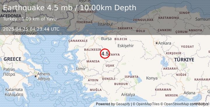 Earthquake 24 km N of Simav, Turkey (4.5 mb) (2025-04-25 04:23:44 UTC)