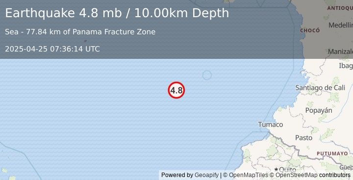 Earthquake south of Panama (4.8 mb) (2025-04-25 07:36:14 UTC)