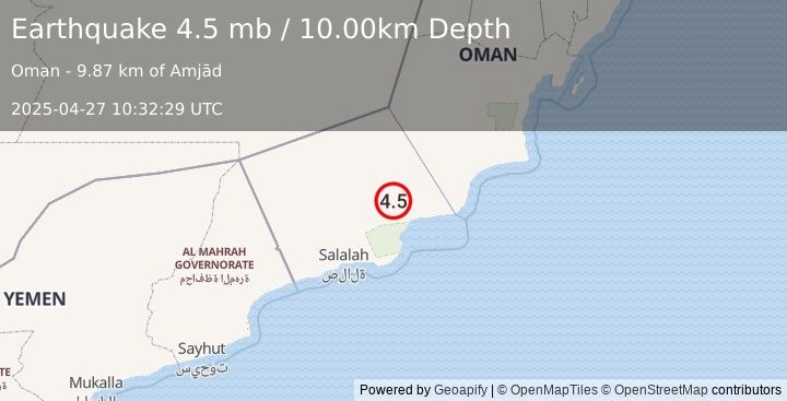 Earthquake 171 km NE of Şalālah, Oman (4.5 mb) (2025-04-27 10:32:29 UTC)