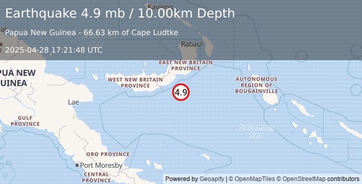 Earthquake 191 km ESE of Kimbe, Papua New Guinea (4.9 mb) (2025-04-28 17:21:48 UTC)