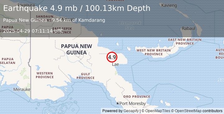 Earthquake 60 km NNW of Lae, Papua New Guinea (4.9 mb) (2025-04-29 07:11:14 UTC)