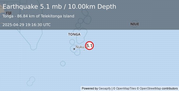 Earthquake 126 km SSE of Pangai, Tonga (5.1 mb) (2025-04-29 19:16:30 UTC)