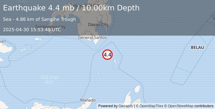 Earthquake 110 km ESE of Sarangani, Philippines (4.4 mb) (2025-04-30 15:53:49 UTC)