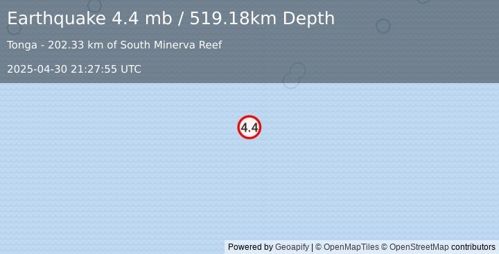 Earthquake south of the Fiji Islands (4.4 mb) (2025-04-30 21:27:55 UTC)