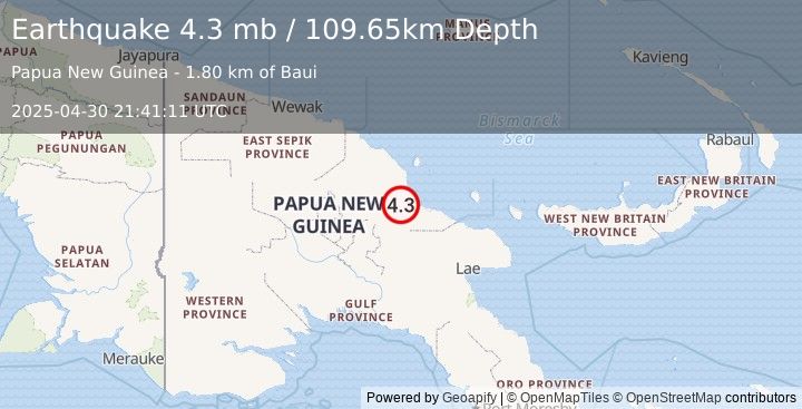Earthquake 31 km SSW of Madang, Papua New Guinea (4.3 mb) (2025-04-30 21:41:11 UTC)
