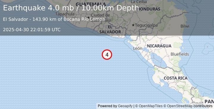 Earthquake 157 km SSW of Puerto El Triunfo, El Salvador (4.0 mb) (2025-04-30 22:01:59 UTC)