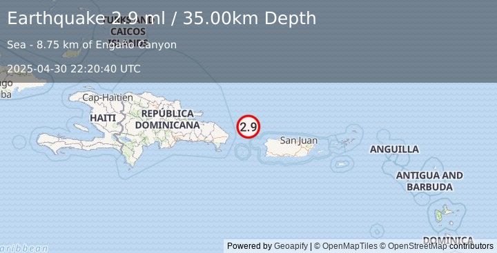 Earthquake 77 km NW of Rincón, Puerto Rico (2.9 ml) (2025-04-30 22:20:40 UTC)