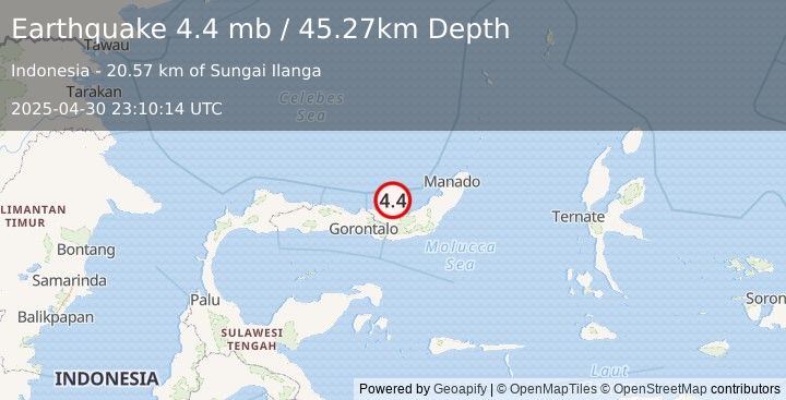 Earthquake 91 km NE of Gorontalo, Indonesia (4.4 mb) (2025-04-30 23:10:14 UTC)