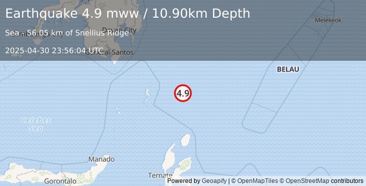 Earthquake 292 km N of Tobelo, Indonesia (4.9 mww) (2025-04-30 23:56:04 UTC)