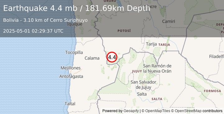 Earthquake 90 km NE of San Pedro de Atacama, Chile (4.4 mb) (2025-05-01 02:29:37 UTC)