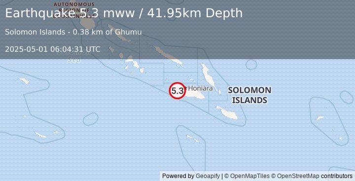 Earthquake 20 km NW of Malango, Solomon Islands (5.3 mww) (2025-05-01 06:04:31 UTC)