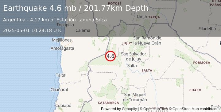 Earthquake 64 km W of San Antonio de los Cobres, Argentina (4.6 mb) (2025-05-01 10:24:18 UTC)