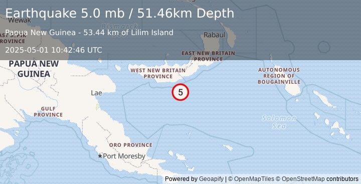 Earthquake 137 km ESE of Kandrian, Papua New Guinea (5.0 mb) (2025-05-01 10:42:46 UTC)