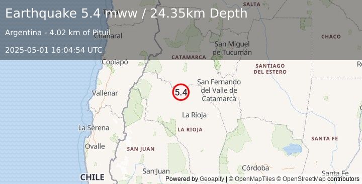 Earthquake 54 km SSE of Tinogasta, Argentina (5.4 mww) (2025-05-01 16:04:54 UTC)