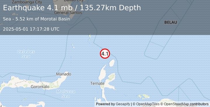 Earthquake 143 km N of Tobelo, Indonesia (4.1 mb) (2025-05-01 17:17:28 UTC)