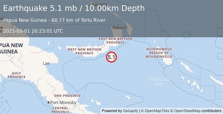 Earthquake 184 km ESE of Kimbe, Papua New Guinea (5.1 mb) (2025-05-01 20:23:01 UTC)