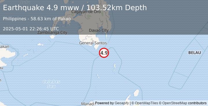 Earthquake 61 km E of Sarangani, Philippines (4.9 mww) (2025-05-01 22:26:45 UTC)