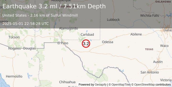 Earthquake 51 km S of Whites City, New Mexico (3.2 ml) (2025-05-01 22:58:28 UTC)