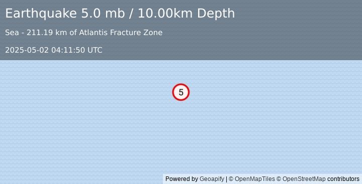 Earthquake northern Mid-Atlantic Ridge (5.0 mb) (2025-05-02 04:11:50 UTC)