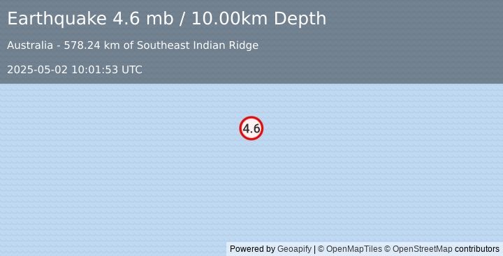Earthquake southeast Indian Ridge (4.6 mb) (2025-05-02 10:01:53 UTC)