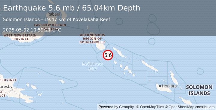 Earthquake 121 km SE of Panguna, Papua New Guinea (5.6 mb) (2025-05-02 10:59:21 UTC)
