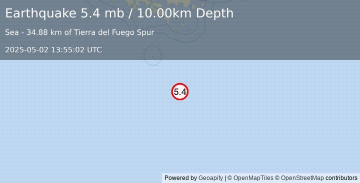 Earthquake 287 km S of Ushuaia, Argentina (5.4 mb) (2025-05-02 13:55:02 UTC)