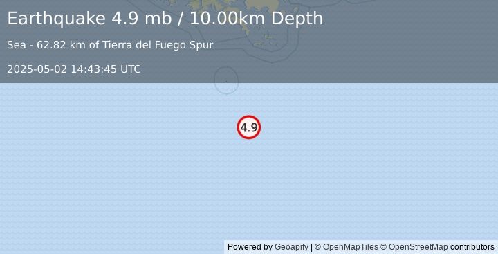 Earthquake 277 km S of Ushuaia, Argentina (4.9 mb) (2025-05-02 14:43:45 UTC)