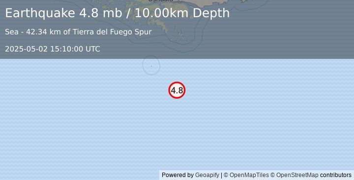 Earthquake 258 km S of Ushuaia, Argentina (4.8 mb) (2025-05-02 15:10:00 UTC)