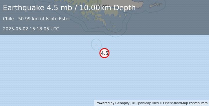 Earthquake 226 km S of Ushuaia, Argentina (4.5 mb) (2025-05-02 15:18:05 UTC)
