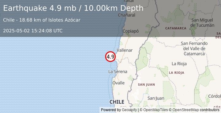 Earthquake 108 km WSW of Vallenar, Chile (4.9 mb) (2025-05-02 15:24:08 UTC)