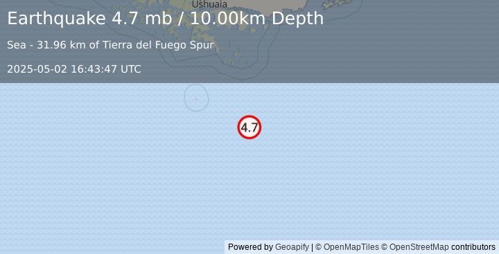 Earthquake 256 km SSE of Ushuaia, Argentina (4.7 mb) (2025-05-02 16:43:47 UTC)