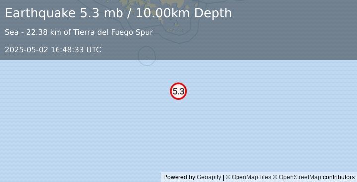 Earthquake 287 km SSE of Ushuaia, Argentina (5.3 mb) (2025-05-02 16:48:33 UTC)