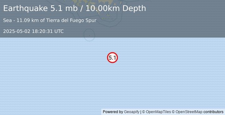 Earthquake 292 km SSE of Ushuaia, Argentina (5.1 mb) (2025-05-02 18:20:31 UTC)