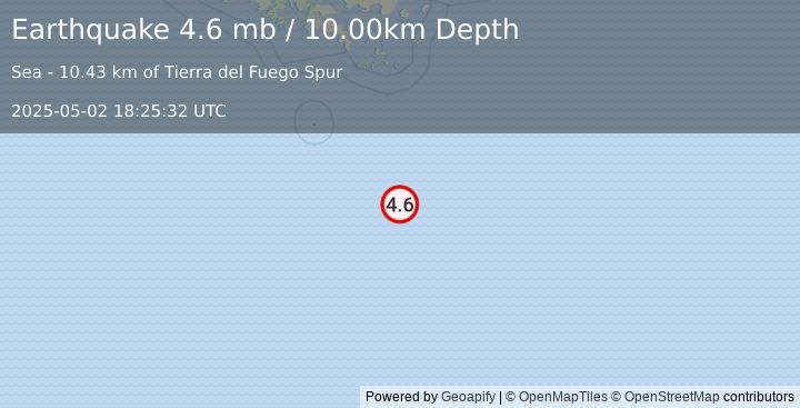 Earthquake 295 km SSE of Ushuaia, Argentina (4.6 mb) (2025-05-02 18:25:32 UTC)