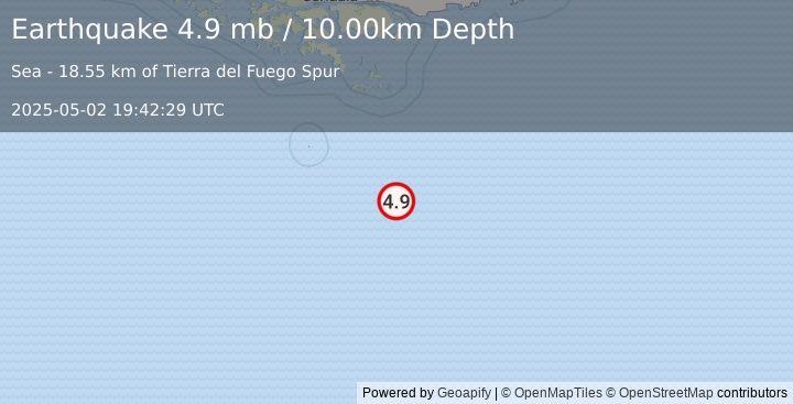 Earthquake 269 km SSE of Ushuaia, Argentina (4.9 mb) (2025-05-02 19:42:29 UTC)