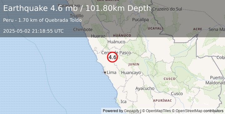 Earthquake 25 km NE of Pacaraos, Peru (4.6 mb) (2025-05-02 21:18:55 UTC)