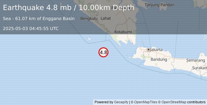 Earthquake 234 km WSW of Bandar Lampung, Indonesia (4.8 mb) (2025-05-03 04:45:55 UTC)