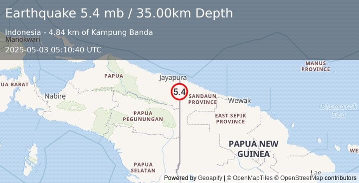 Earthquake 63 km SSW of Vanimo, Papua New Guinea (5.4 mb) (2025-05-03 05:10:40 UTC)