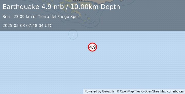 Earthquake 264 km SSE of Ushuaia, Argentina (4.9 mb) (2025-05-03 07:48:04 UTC)
