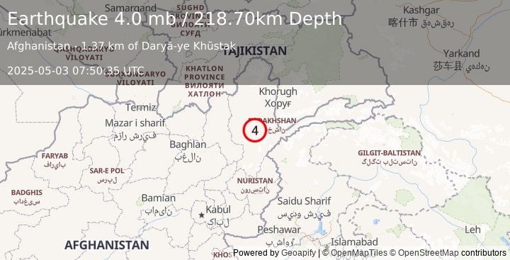 Earthquake 21 km S of Jurm, Afghanistan (4.0 mb) (2025-05-03 07:50:35 UTC)