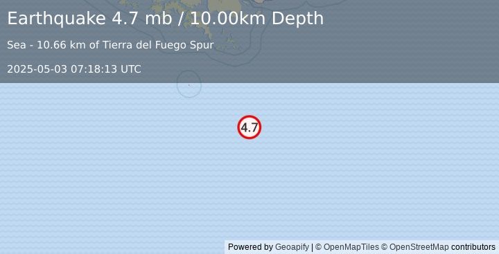 Earthquake 285 km SSE of Ushuaia, Argentina (4.7 mb) (2025-05-03 07:18:13 UTC)