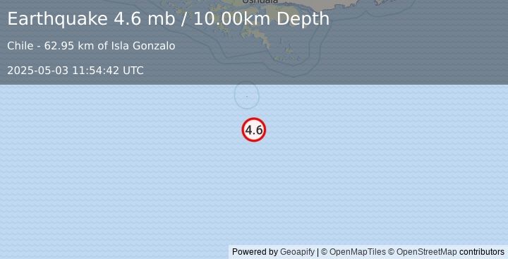 Earthquake 252 km S of Ushuaia, Argentina (4.6 mb) (2025-05-03 11:54:42 UTC)