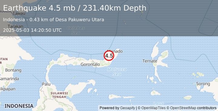 Earthquake 45 km WSW of Tomohon, Indonesia (4.5 mb) (2025-05-03 14:20:50 UTC)