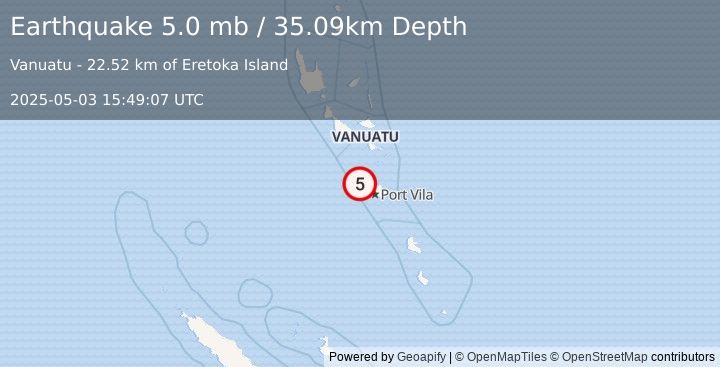 Earthquake 42 km NW of Port-Vila, Vanuatu (5.0 mb) (2025-05-03 15:49:07 UTC)
