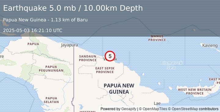 Earthquake 22 km N of Wewak, Papua New Guinea (5.0 mb) (2025-05-03 16:21:10 UTC)